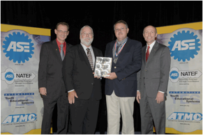 (Left to right) Glenn Dahl, ASE board chairman; Bill Maggs, National Pronto Association president and CEO; Robert “Bobby” Sowards, ASE Master Technician of the Year; and Tim Zilke, ASE president and CEO.